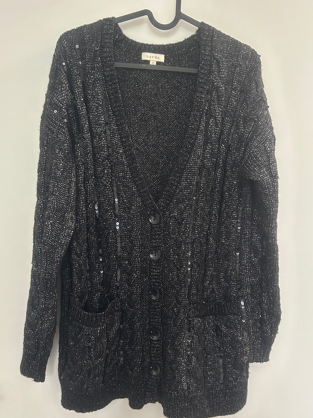 LAURA Charcoal Silver Metallic Cable Knit Cardigan Sweater Sequin Accents Small